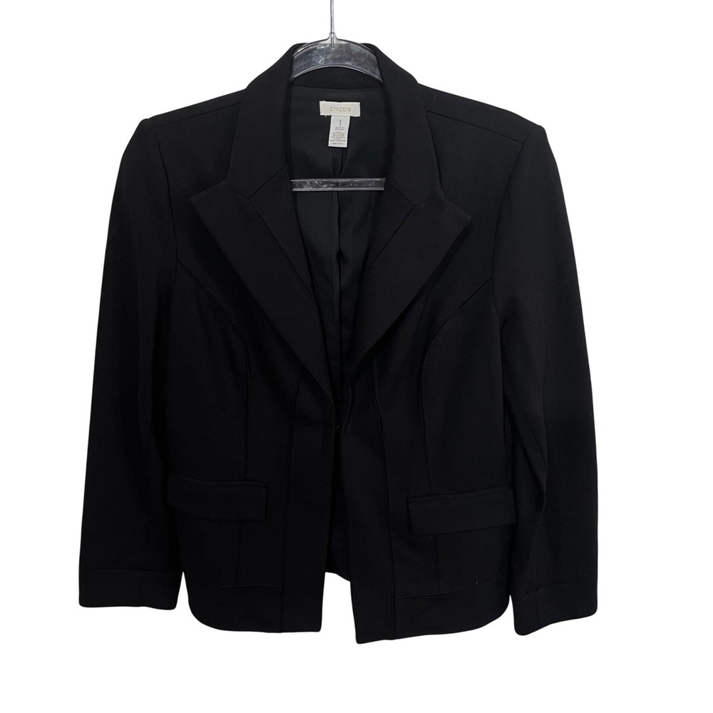 Chico's Blazer Women Size 1 Black Open Front‎ Tailored Career Jacket 1C110285